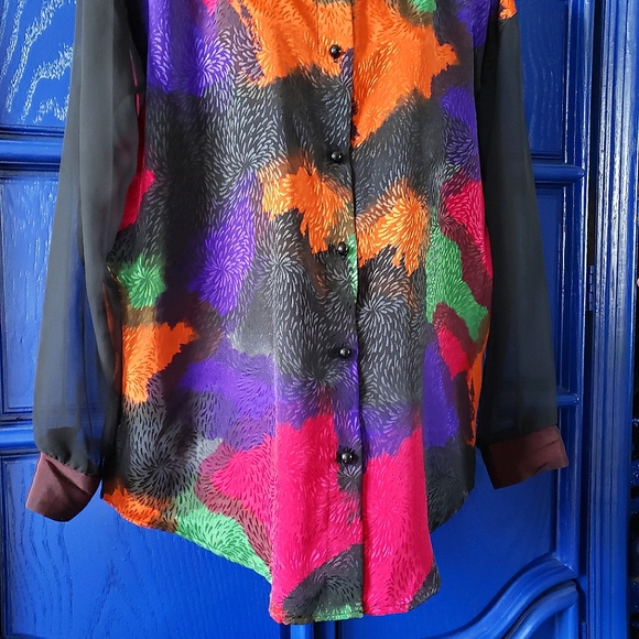 Sheer Sleeve Vibrant Vintage Button Down Blouse - Picture 8 of 15
